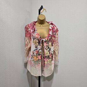 Cottage Fairy Boho Pink Cream Ruffle Beaded Knit Sweater Womens 14 16 USA Floral